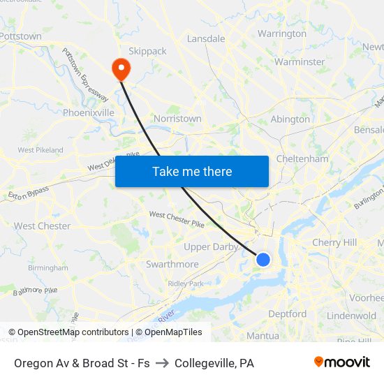 Oregon Av & Broad St - Fs to Collegeville, PA map