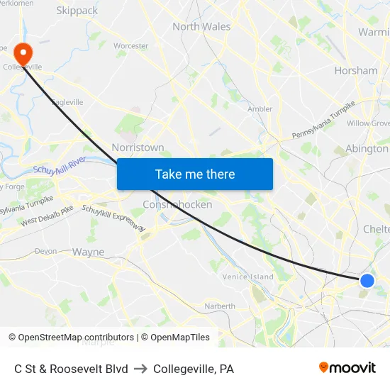 C St & Roosevelt Blvd to Collegeville, PA map