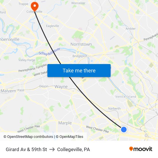 Girard Av & 59th St to Collegeville, PA map