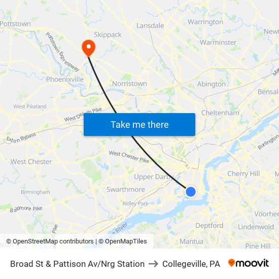 Broad St & Pattison Av/Nrg Station to Collegeville, PA map