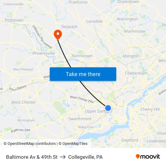 Baltimore Av & 49th St to Collegeville, PA map