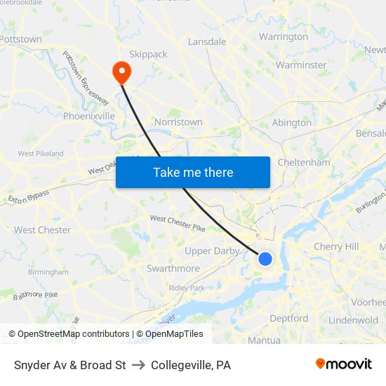 Snyder Av & Broad St to Collegeville, PA map