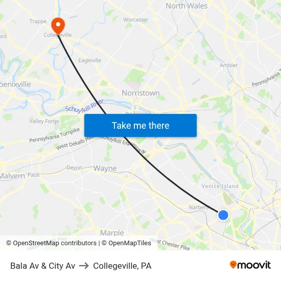 Bala Av & City Av to Collegeville, PA map