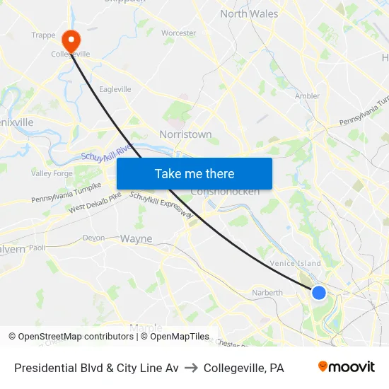 Presidential Blvd & City Line Av to Collegeville, PA map