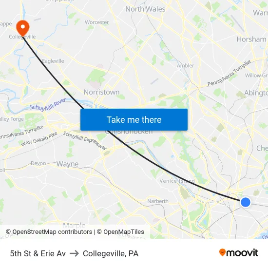 5th St & Erie Av to Collegeville, PA map