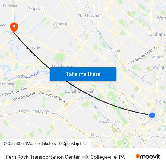 Fern Rock Transportation Center to Collegeville, PA map