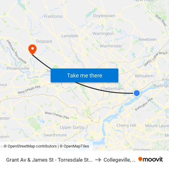 Grant Av & James St - Torresdale Station to Collegeville, PA map