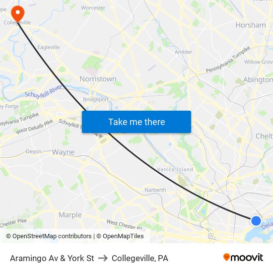 Aramingo Av & York St to Collegeville, PA map