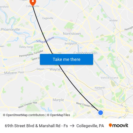 69th Street Blvd & Marshall Rd - Fs to Collegeville, PA map