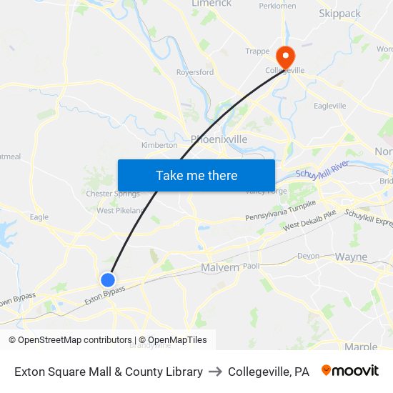 Exton Square Mall & County Library to Collegeville, PA map