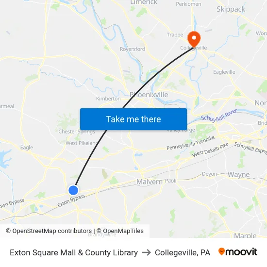 Exton Square Mall & County Library to Collegeville, PA map