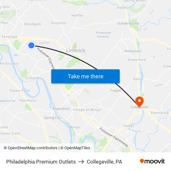 Philadelphia Premium Outlets to Collegeville, PA map