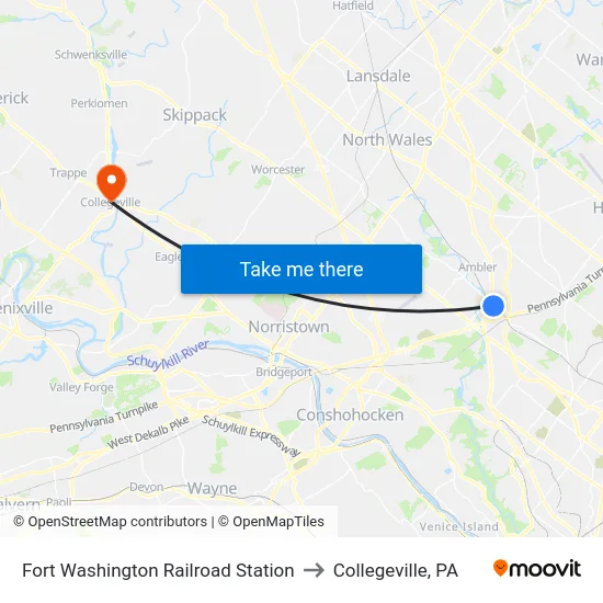 Fort Washington Railroad Station to Collegeville, PA map