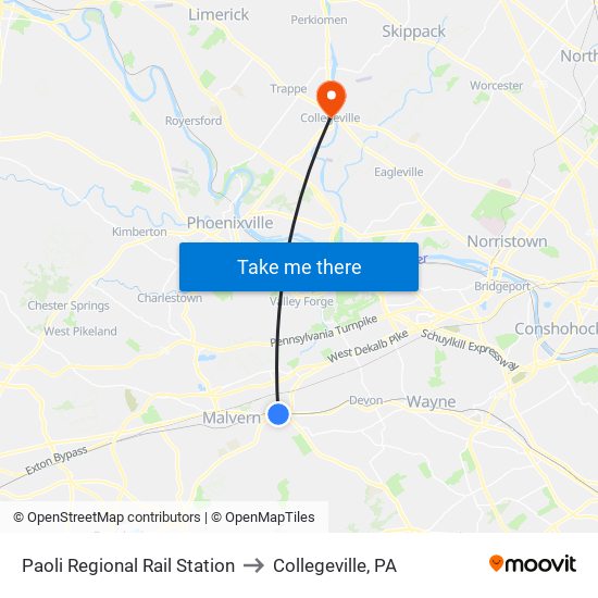 Paoli Regional Rail Station to Collegeville, PA map