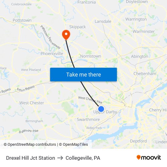 Drexel Hill Jct Station to Collegeville, PA map