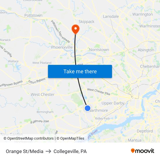 Orange St/Media to Collegeville, PA map