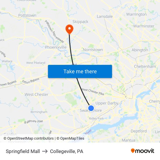 Springfield Mall to Collegeville, PA map