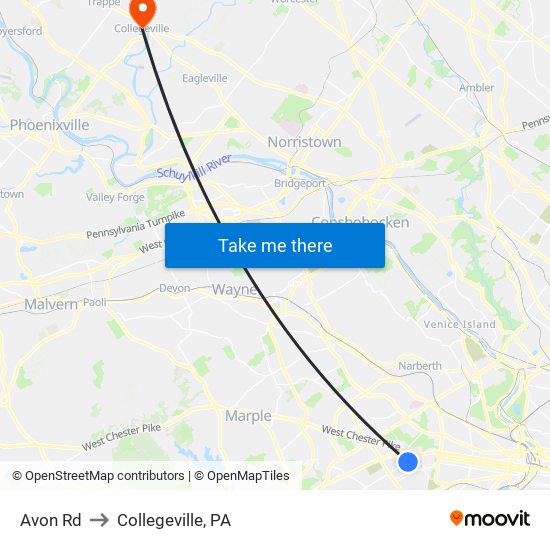 Avon Rd to Collegeville, PA map