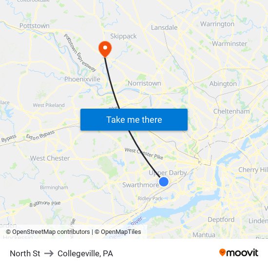 North St to Collegeville, PA map