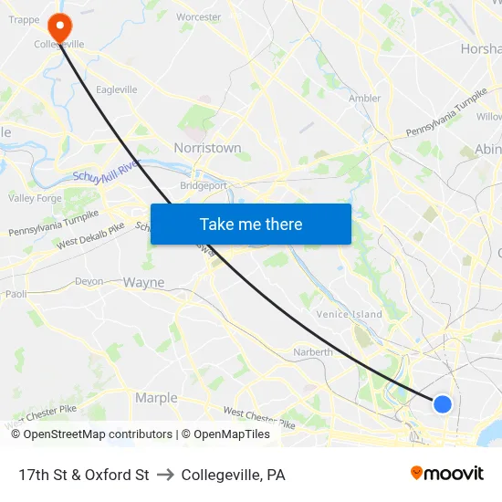 17th St & Oxford St to Collegeville, PA map