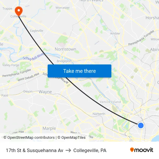 17th St & Susquehanna Av to Collegeville, PA map