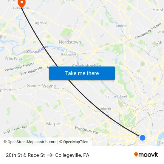 20th St & Race St to Collegeville, PA map