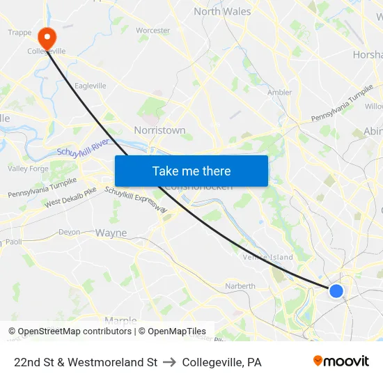 22nd St & Westmoreland St to Collegeville, PA map