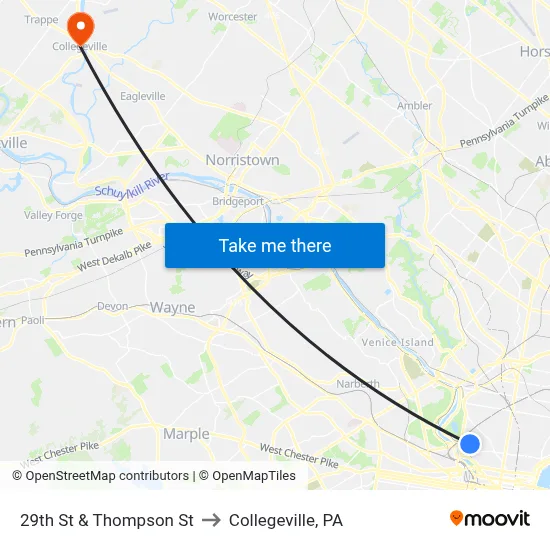 29th St & Thompson St to Collegeville, PA map