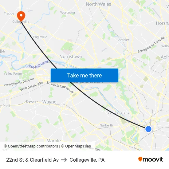 22nd St & Clearfield Av to Collegeville, PA map