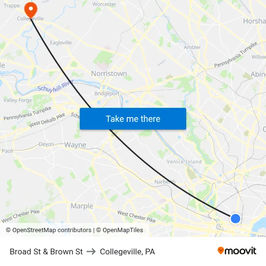 Broad St & Brown St to Collegeville, PA map