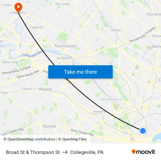Broad St & Thompson St to Collegeville, PA map