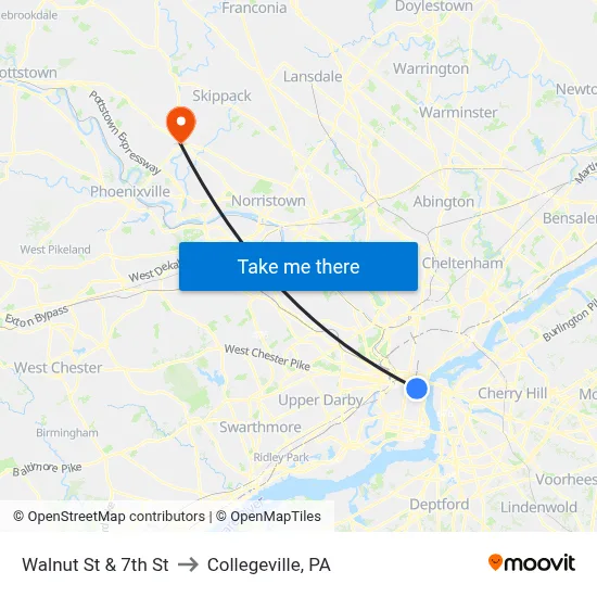 Walnut St & 7th St to Collegeville, PA map