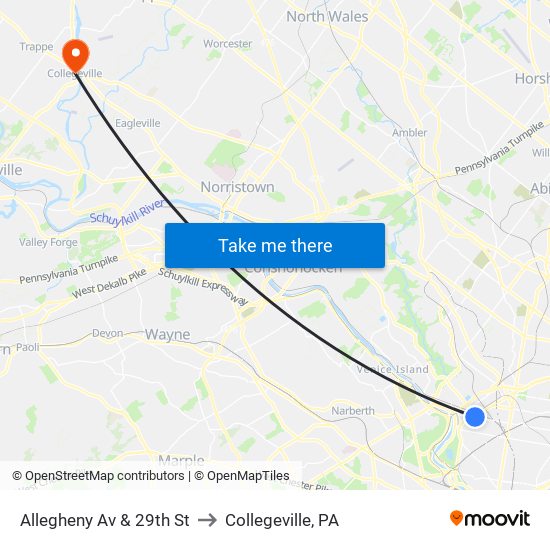 Allegheny Av & 29th St to Collegeville, PA map
