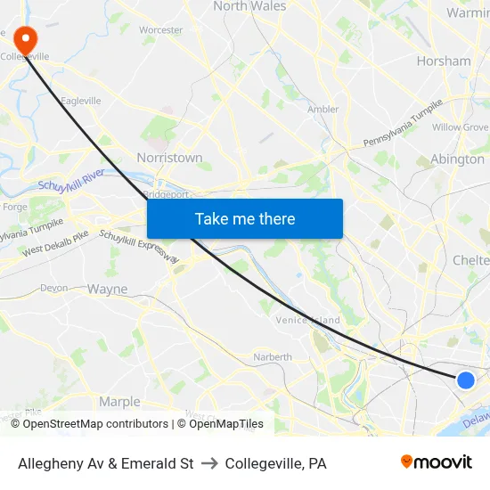 Allegheny Av & Emerald St to Collegeville, PA map