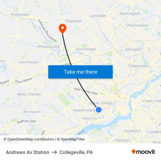Andrews Av Station to Collegeville, PA map