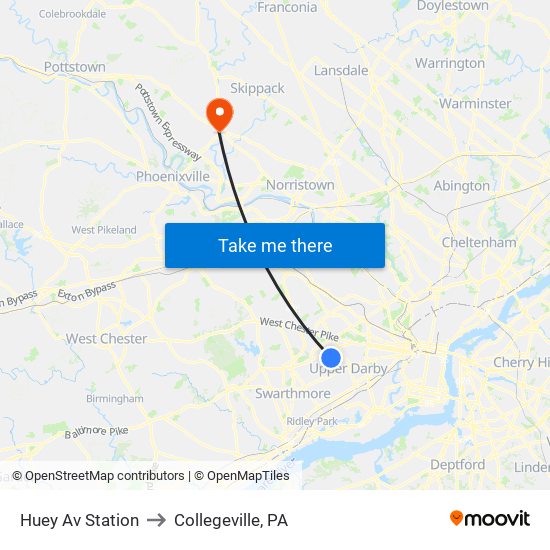 Huey Av Station to Collegeville, PA map