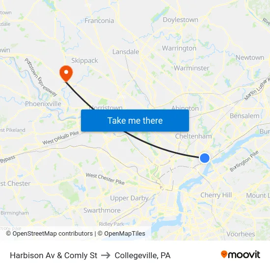 Harbison Av & Comly St to Collegeville, PA map