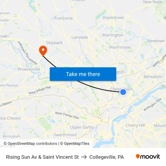 Rising Sun Av & Saint Vincent St to Collegeville, PA map
