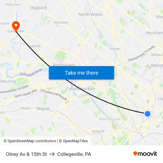 Olney Av & 15th St to Collegeville, PA map