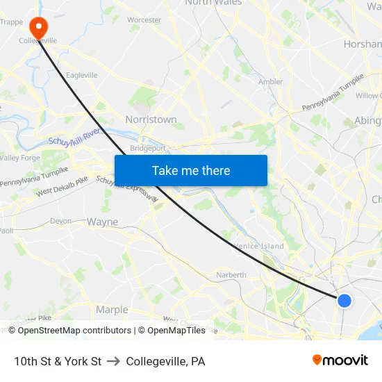 10th St & York St to Collegeville, PA map