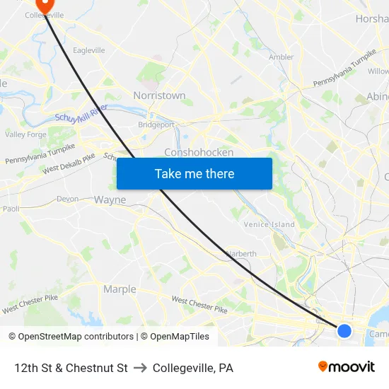 12th St & Chestnut St to Collegeville, PA map