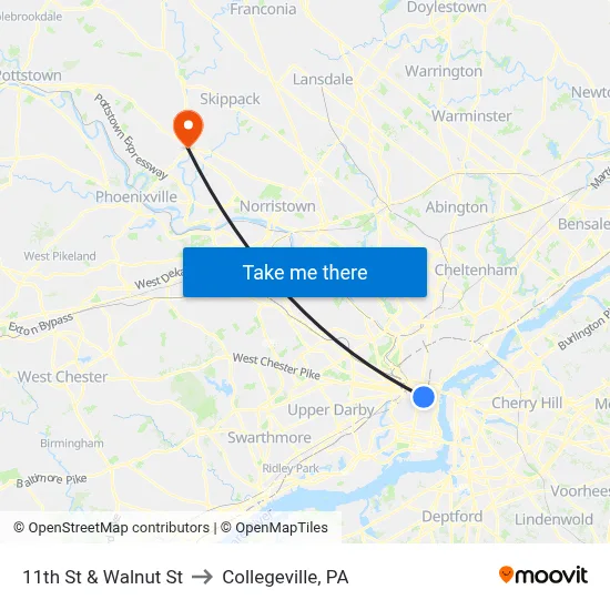 11th St & Walnut St to Collegeville, PA map