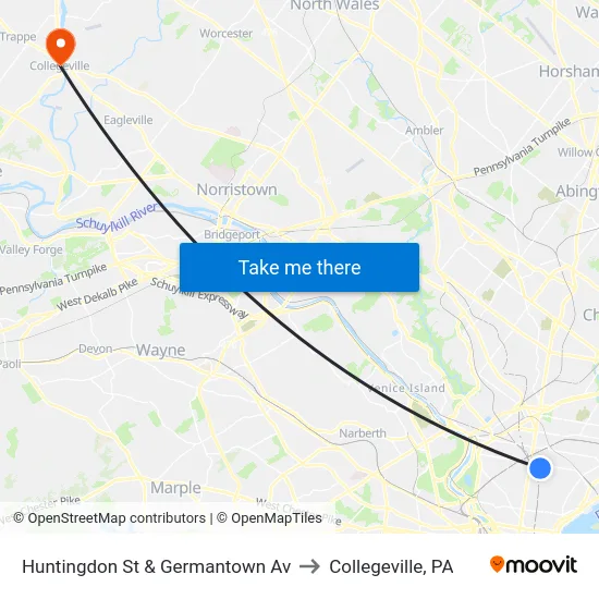 Huntingdon St & Germantown Av to Collegeville, PA map