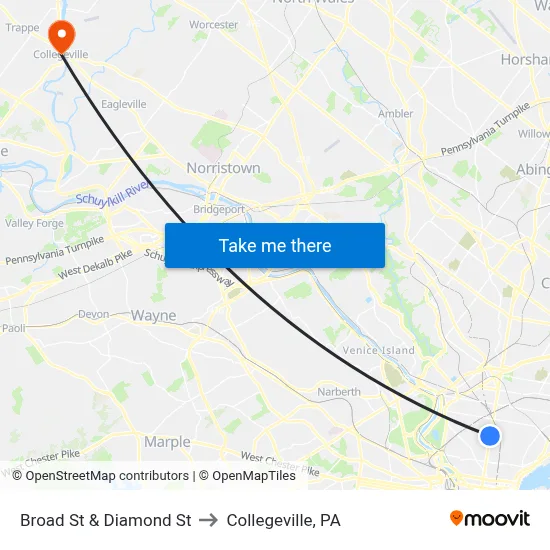 Broad St & Diamond St to Collegeville, PA map