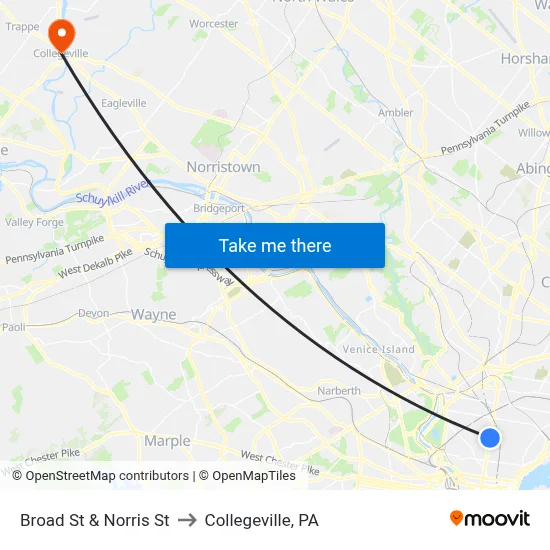Broad St & Norris St to Collegeville, PA map
