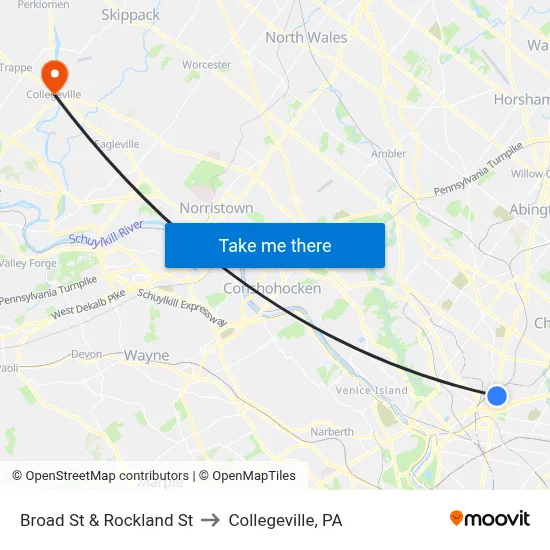 Broad St & Rockland St to Collegeville, PA map