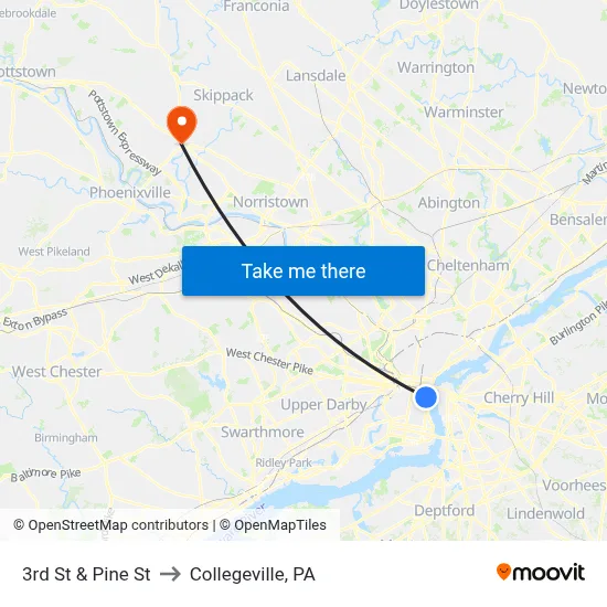 3rd St & Pine St to Collegeville, PA map