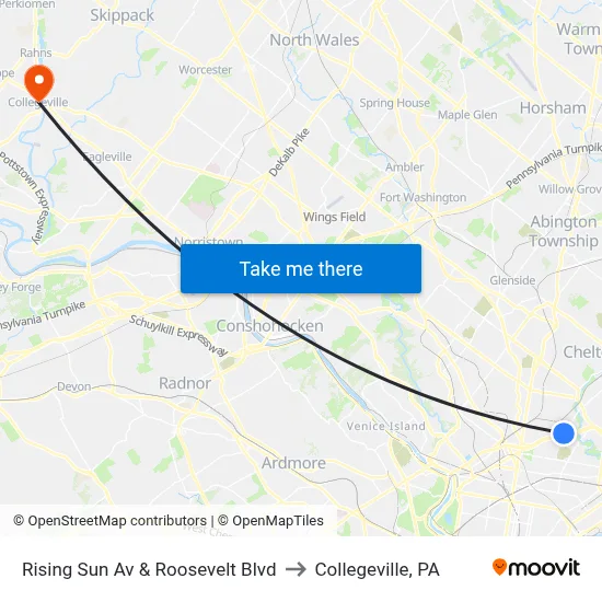 Rising Sun Av & Roosevelt Blvd to Collegeville, PA map