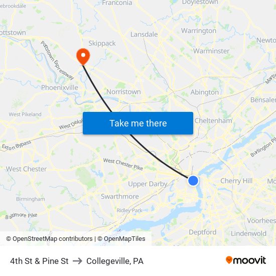 4th St & Pine St to Collegeville, PA map