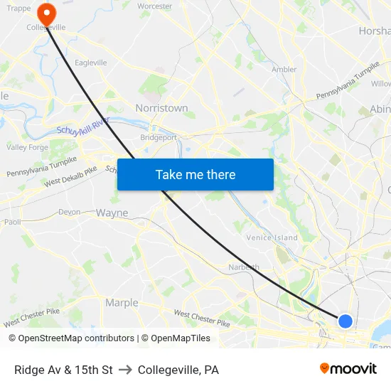 Ridge Av & 15th St to Collegeville, PA map